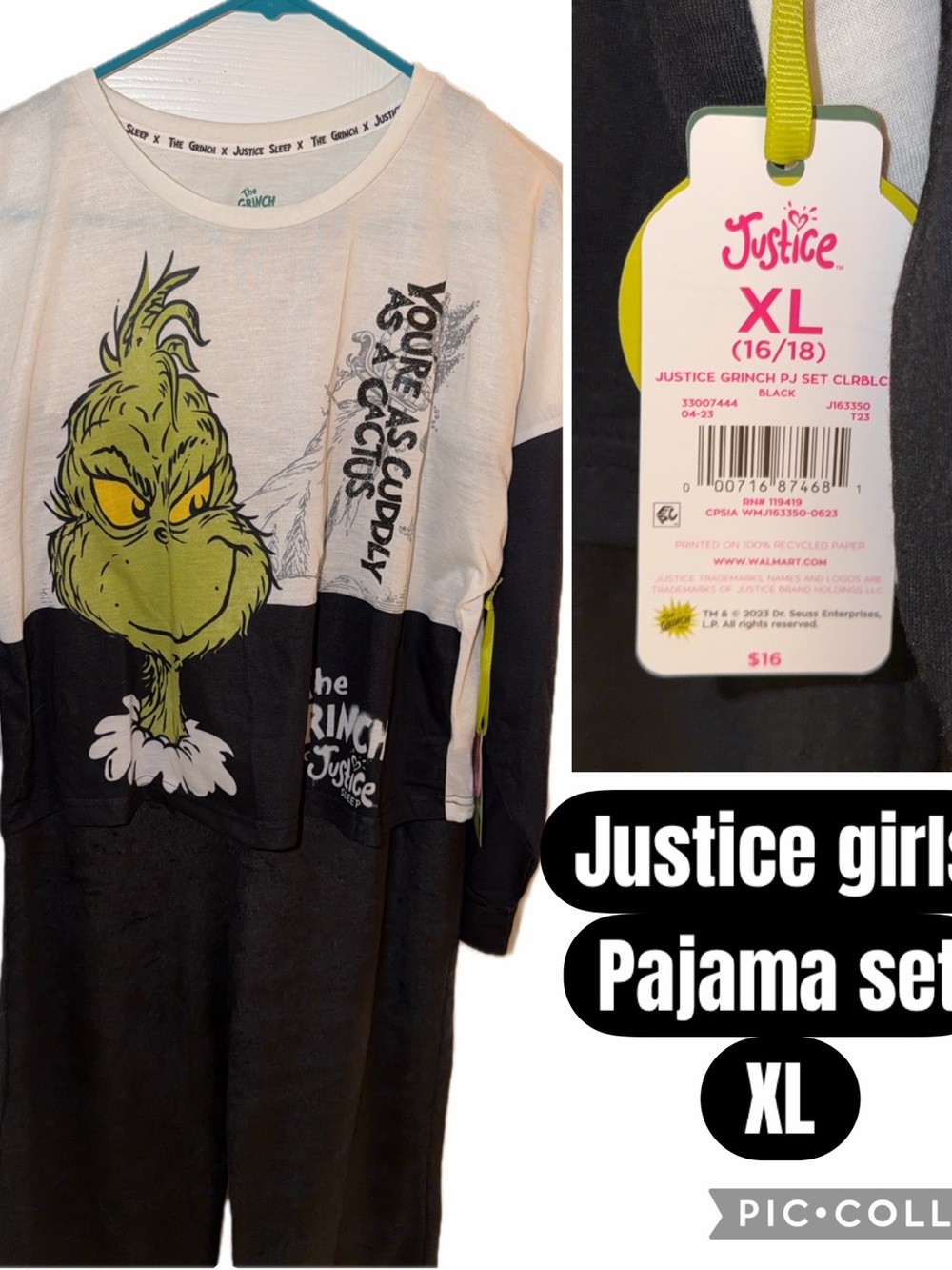 Justice Girls Grinch Pajama Set - Black, White, Green